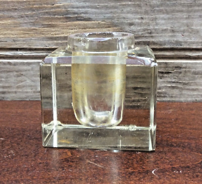 Vintage Clear Glass Ink Well Paperweight For Fountain Pen 2'' Square Antique