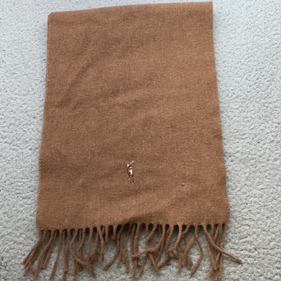 Bufanda Polo Ralph Lauren 62x12 Marrón Camel Italia Lana de Cordero Poni Flecos Preppy Foto 2 de 4