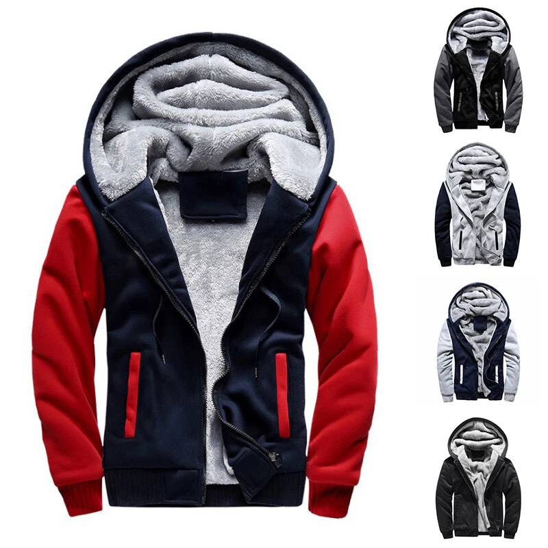 Mens Thick Fleece Fur Lined Hoodie Zip Up Winter Coat Jacket