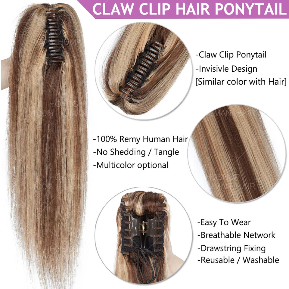 GRUESO Garra de Cabello Humano Real Cola de Caballo Clip en Extensiones de Cola de Caballo Remy Rectas Foto 2 de 4