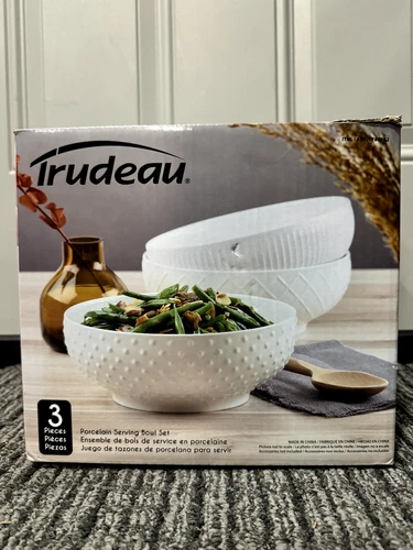 Trudeau 3 piece Porcelain serving bowl set 9.2 in diameter White NEW with BOX! - Picture 2 of 10