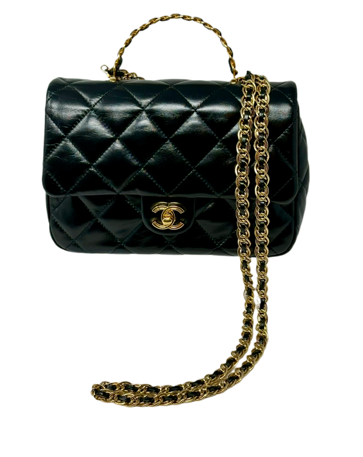 Chanel black quilted lambskin top handle crossbody flap bag