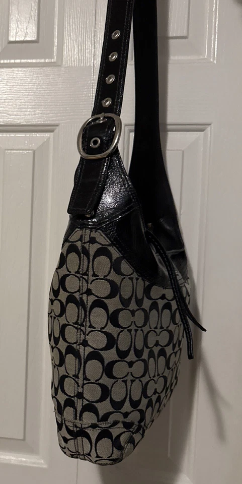 Coach Sophie Logo Patent Leather Gray Black Zip Crossbody Hobo Bag Purse # 12568 - Image 2 of 4