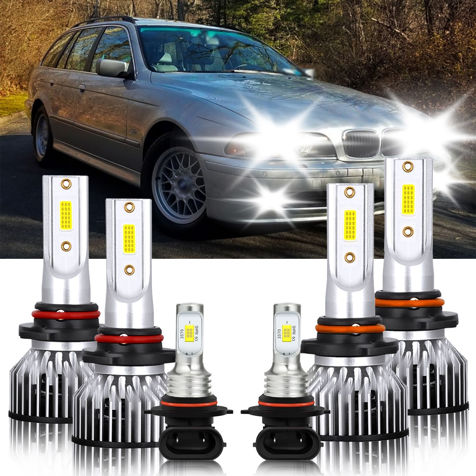 For BMW 525iT 1993-1993 6x LED Headlight Kit + Fog Light Bulbs White Combo 6000K