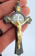 Needzo PLC 3" Gold Plate Corpus Saint St Benedict Hematite Pectoral Cross w Cord