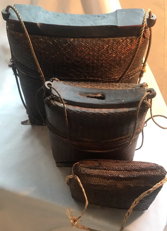 Антикварная артезаническая корзина раннего Азиатско-Тихоокеанского региона Филиппины с чехлом и основанием - Изображение 4 из 4