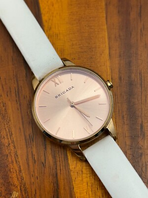 Brigada Women's Watch Pink Dial Gold Tone White Leather Band 30mm New Battery