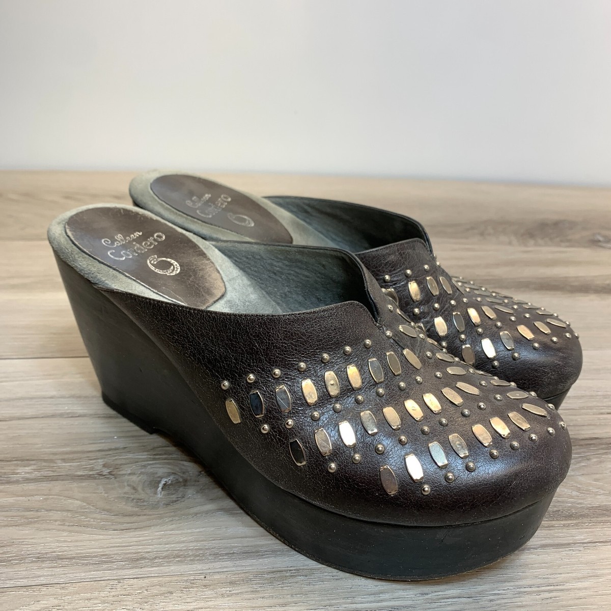 Calleen Cordero Silver Studded Wood Clogs Wedge Womens Size