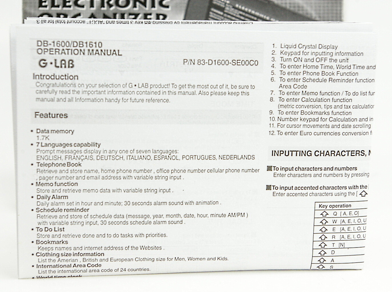 GLab DB1610 Electronic Organizer PDA Phonebook Memo Calendar NOS eBay