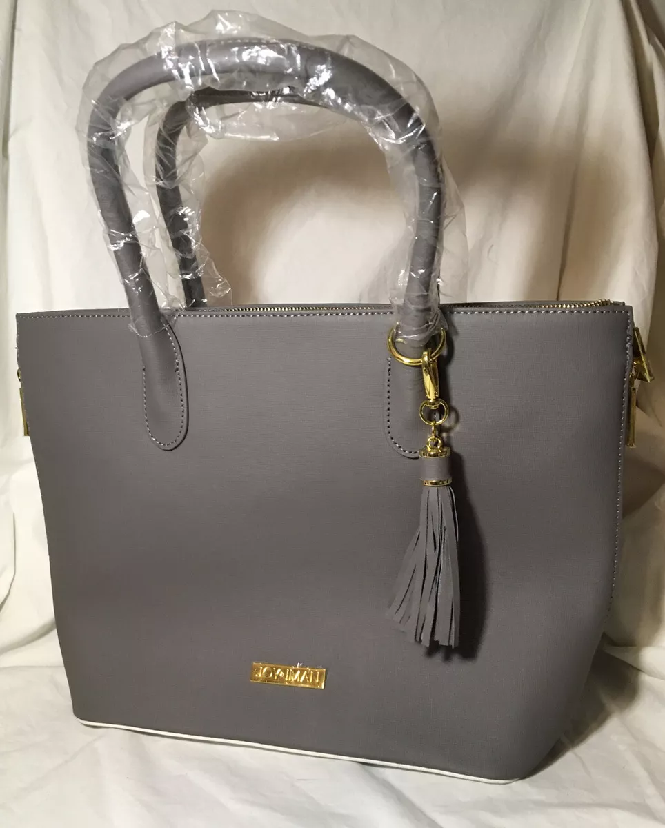 JOY IMAN GRAY LEATHER TOTE BAG GOLD ACCENTS TASSEL NWOT