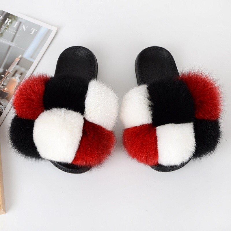 SAOLA Pantofole da donna Real Fox Fur Slides pompon palla da spiaggia sandali scarpe piatte