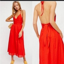 Free People Donna Red-Orange Halter Midi Dress