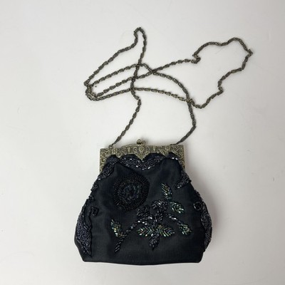 Vintage Umhängetasche schwarz Perlen Schlangenverschluss Mini Tasche Kette