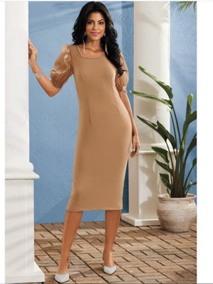 12 Midnight Velvet Sand Brown Formal Wedding Party Organza Sleeve Sheath Dress