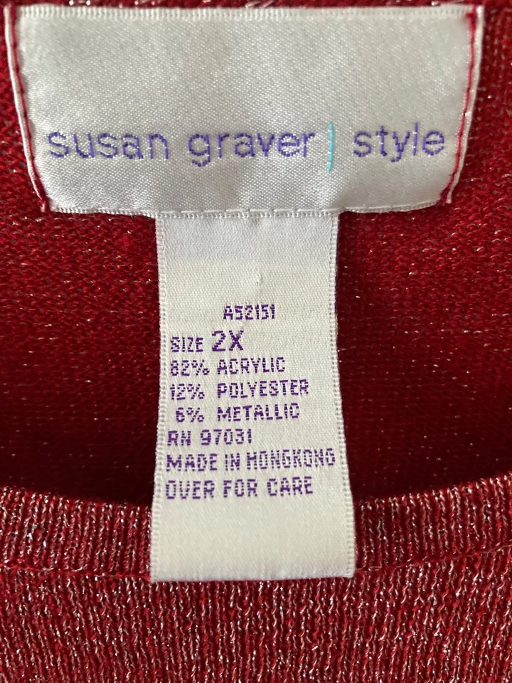 Camisa Suéter Susan Graver Holiday Rojo Dorado Brillante 2X Foto 2 de 4