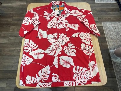 Hawaiian Red Hibiscus Floral Loud Toucan Back 80s Button Down Shirt M Cotton Vtg