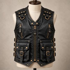 Men's Buckle  Zipper Style Black Leather Vest, Steampunk Gothic Waistcoat