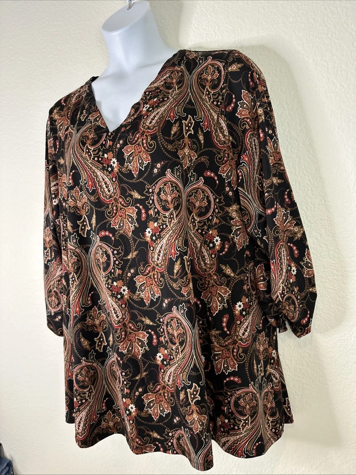 Top trasero Avenue para mujer talla grande 26/28 (3X) negro cachemir celosía manga 3/4 Foto 2 de 4