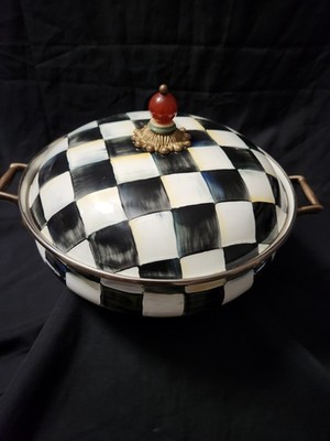 Mackenzie Childs Courtly Check Covered Enamel Casserole Pan 3 Qt Handled Retired