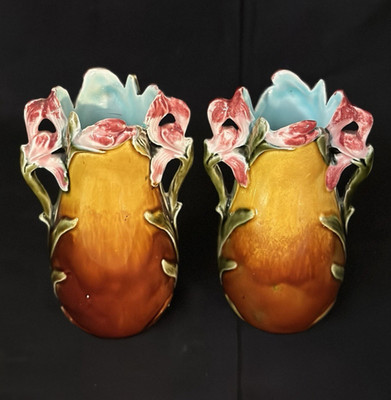 FRENCH MAJOLICA BARBOTINE 1880 VASES WITH FLORAL HANDLES #6335....MINT!