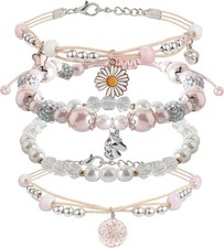 4PCS Beaded Charm Bracelets for Teen Girls, Adjustable Stretch bracelet birthday