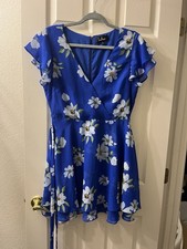 Lulus Blue Floral Wrap Dress Women’s Small Flutter Sleeve Fit & Flare Mini