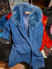 Vintage Morton's Blue Wool Blend Coat Fluffy Dyed Real Fur Collar Long Jacket