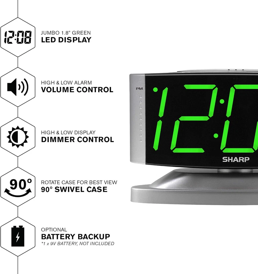 LED Digital Alarm Clock, Swivel Base, Outlet Powered, Big Green Digit Display, S - Image 3 of 4