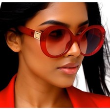 Chic Oversized Round Sunglasses Red Gradient Lenses Gold Detail Women Lentes New