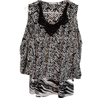 Notations Blouse XL Black White Layer Pullover Open Shoulder Sleeves Scoop Neck