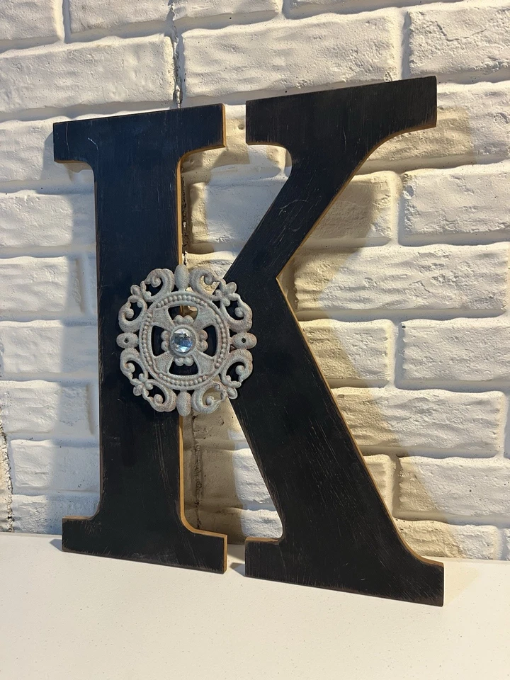 Letter K. Rustic Decor. Charcoal Black. Faux Gemstone Center. Good Condition - Image 2 of 4