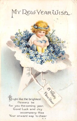 Signed Clapsaddle u. 1916, New Year, Young Girl in Bouquet, Series #1948