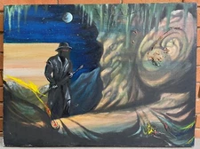 Vintage 80s Surreal Figural Landscape Painting Modern Art Wall Hanging Signed 