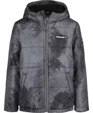 Timberland Storm Printed Puffer Coat Boys 14-16 Gray Hooded Full Zip Lined NEW