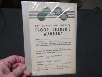 1940's Troop Leader's Warrant Certificate  5 1/2 by 8 inches      npc4