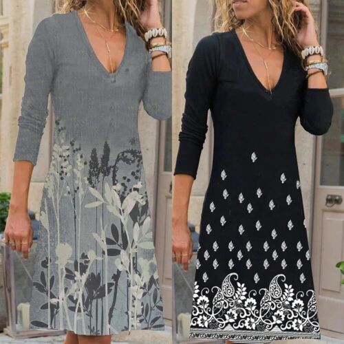 Womens Long Sleeve Floral V-Neck Pullover Dress Ladies Casual Loose Midi Dress Image