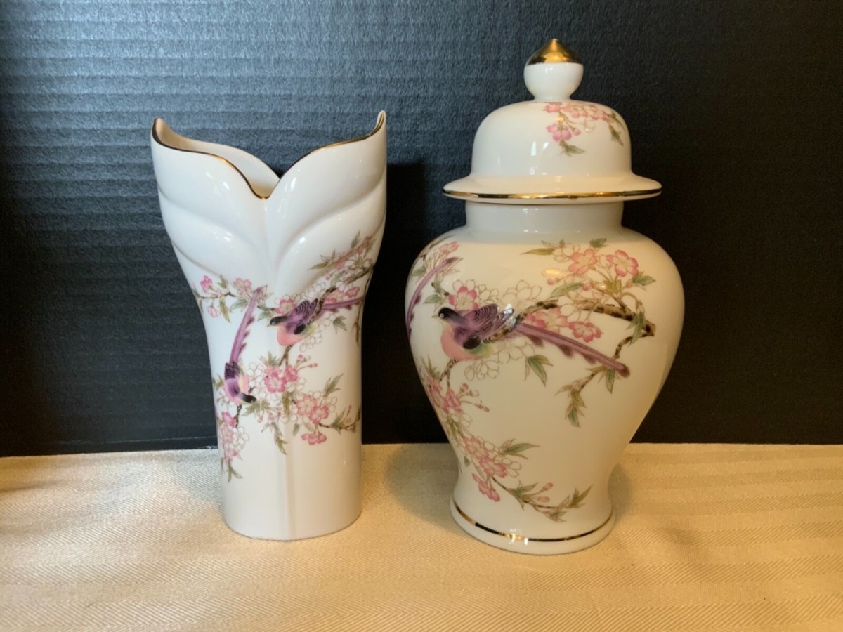 Yamaji Japan Pink Porcelain Birds 8” Flower Vase & Ginger Jar