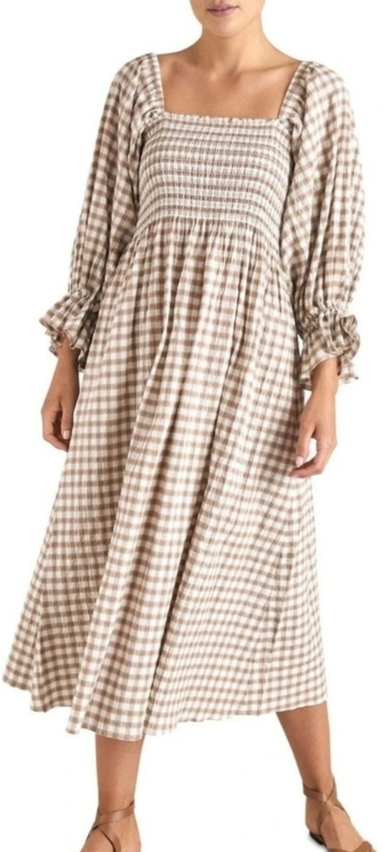 womens beige dress shoes Gingham Smocked Midi Dress with Tie Straps for Women – Urban Kangaroo main image 0
