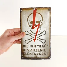 Vintage Warning Sign Board with Skull Enameled Metal Electricitiy Poland 1950s