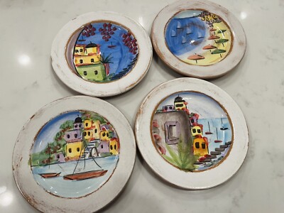 VIETRI La Fenice Italy Seacoast 8.5'' Salad Plates Set Italian Coast Scenes Boats