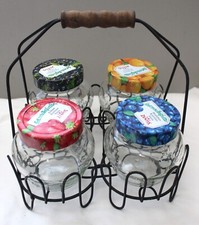VINTAGE ZENTIS JELLY JAR LOT OF 4 WITH WIRE WOOD HANDLED CARRIER FARM COUNTRY