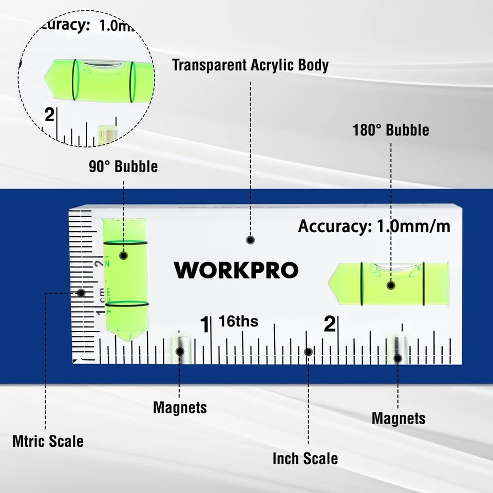WORKPRO 3Inch Mini Level Tool Small Level Magnetic Level with 2 Bubbles 90°/180° - Image 4 of 4