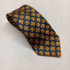 Patrick Francis Ireland Pure Silk Neck Tie Geometric Navy & Gold 60" x 3.75"