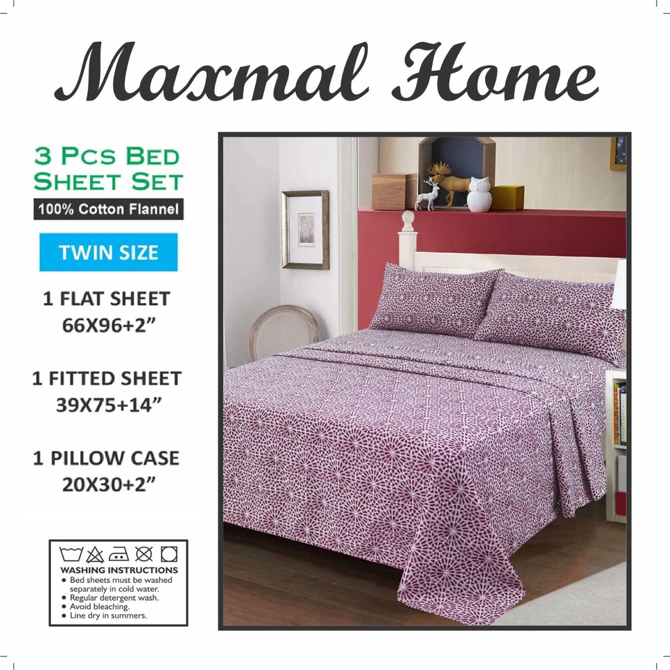 Juego de sábanas de franela Maxmal Home 100 % algodón 3 piezas tamaño doble, suave, transpirable, Foto 4 de 4