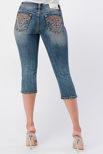 Grace in LA Women's Aztec Bronze Embellished Pockets Capri Stretch Jeans