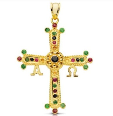 Pendente Oro 18K 750 Croce Di Covadonga Rubini Zaffiri