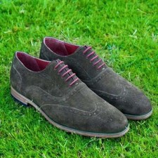 Men Gray Suede Leather Handmade Brogue Shoes, Oxford Shoes, Formal Dress Shoes
