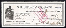 Virginia City S.R. Buford / Henry Elling Bank Check to NPRR 1894 Scarce