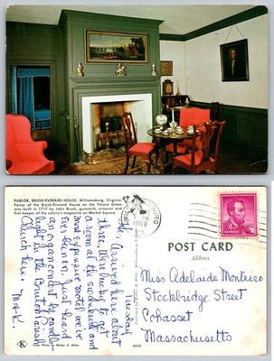 Vintage 1959 Postcard Brush-Everard House Parlor Williamsburg VA Colonial Home