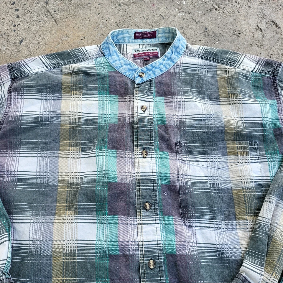 Vintage 80s Grandad Shirt Mens XL Gray Plaid Metropolitan Button Up Long Sleeve - Image 2 of 4